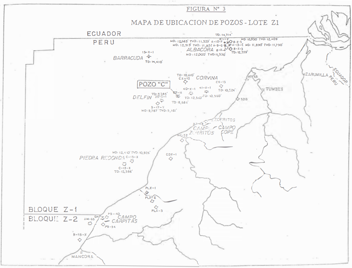 Figura 3: Estructuras hidrocarburíferas descubiertas en el Lote Z-1 offshore hasta el año 1995, Tumbes [2].